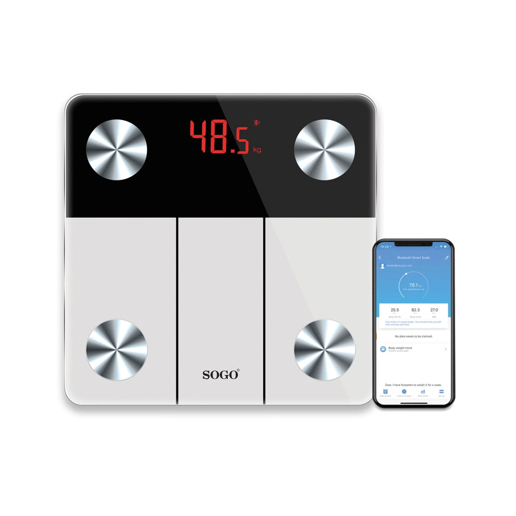 Bilancia pesapersone smart Bluetooth, display LED cristallo temperato, analisi composizione corporea BMI grasso muscoli 180kg - SOGO