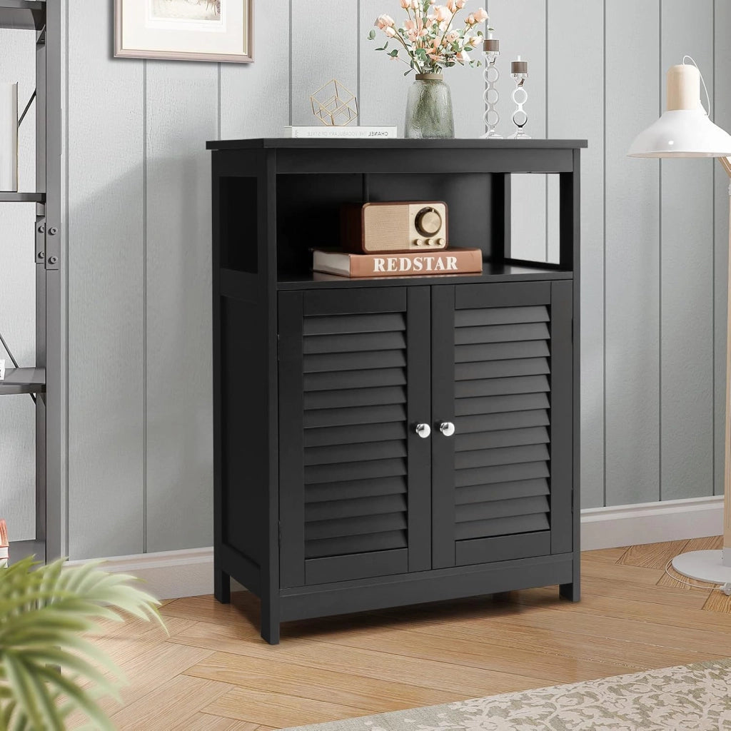 Armadietto da bagno, in legno, con ripiano regolabile in altezza, credenza con 2 ante persiane, mobile per bagno, cucina (nero)