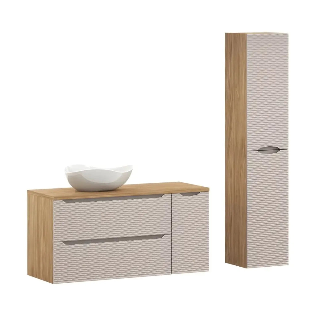 Set da bagno YOKA beige: mobile sotto lavabo 120 cm + piano lavabo + lavabo da appoggio + colonna contenitore