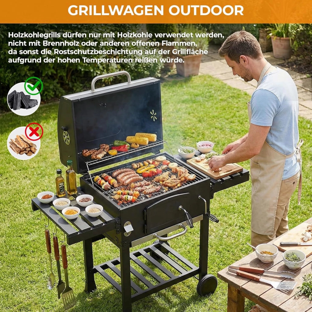 Barbecue Carbonella XXL con Coperchio, Griglia per Barbecue con Copertura Impermeabile, Ruote e Termometro, Altezza regolabile, Grande BBQ Smoke, per Campeggio, Giardino