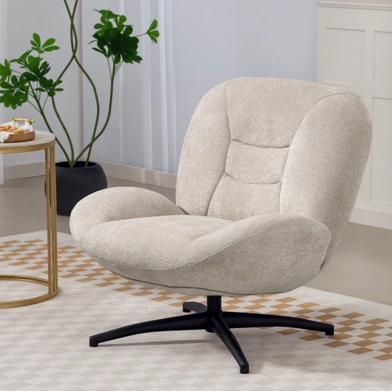 Poltrona girevole in ciniglia color crema con base in acciaio