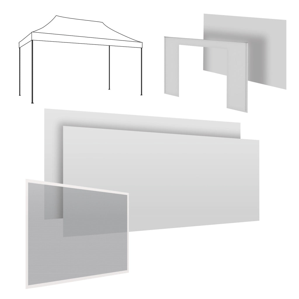 Set completo per gazebo 3x4m: 2 teli laterali 4,5 + 1 telo laterale 3m + telo porta + telo zanzariera bianco