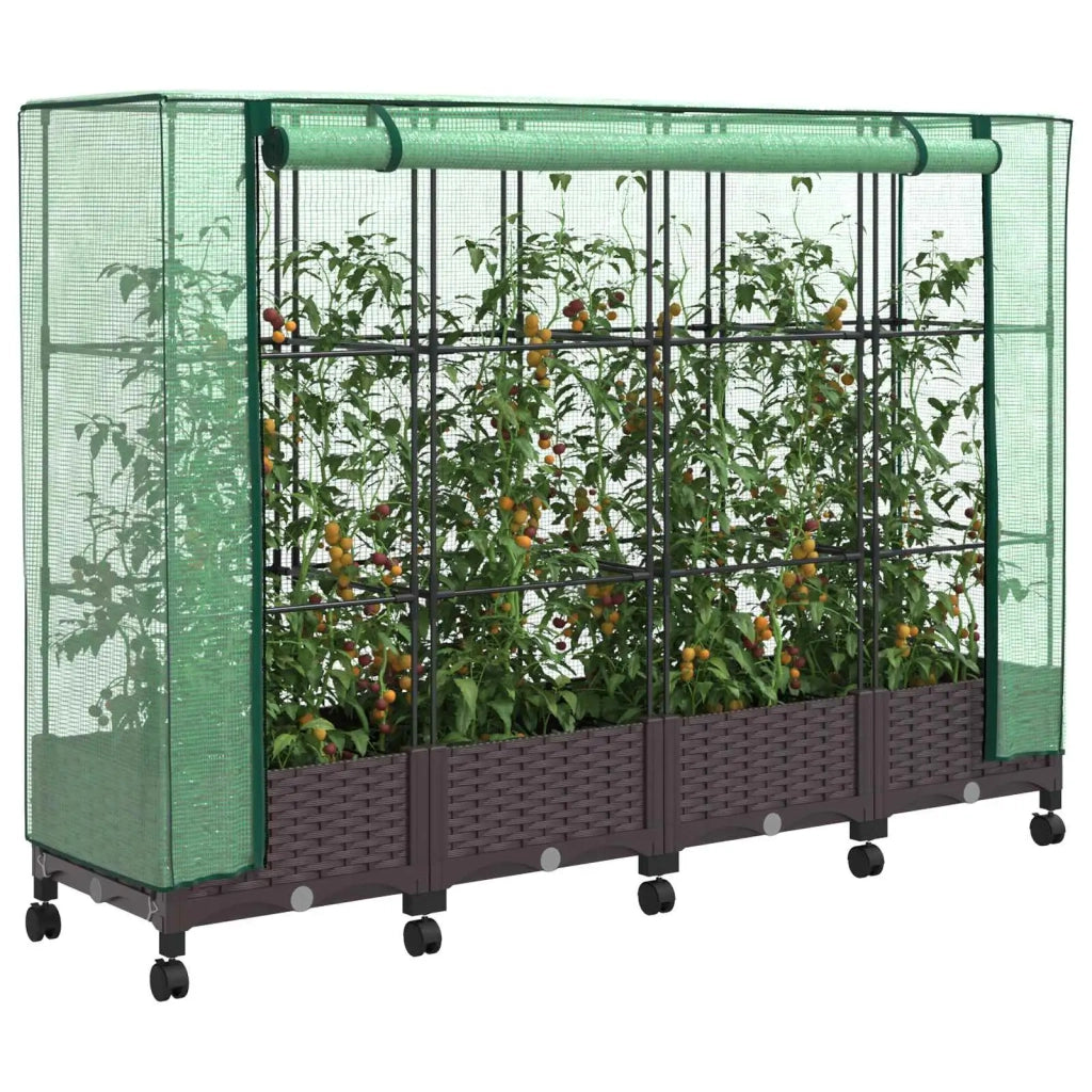 Vaso da Giardino con Copertura per Serra e Ruote 4 pz Marrone 3423138
