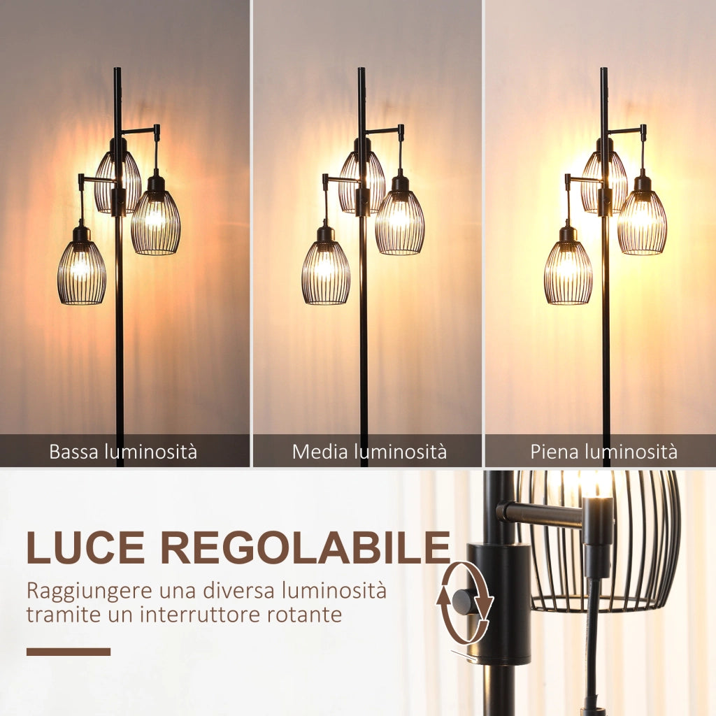 Lampada da Terra Industriale con 3 Paralumi e Intensit¨¤ Regolabile. in Acciaio. 30x30x170.5 cm. Nero