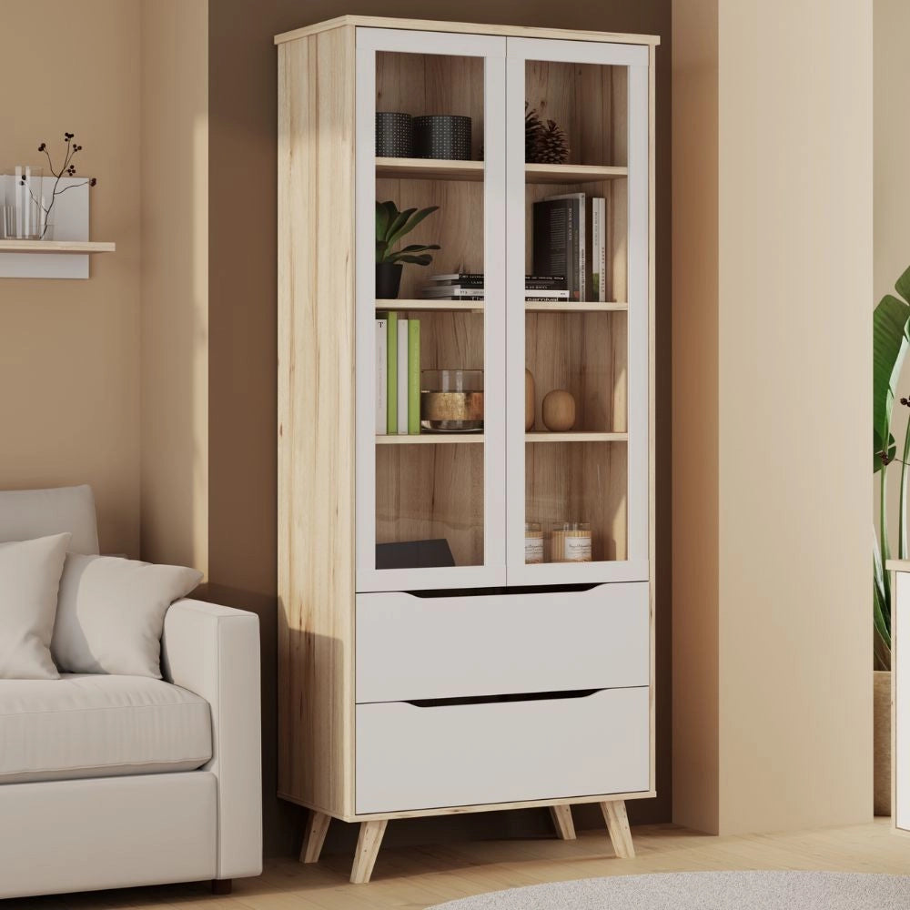Vetrina Axis 2 Ante in Vetro e 2 Cassetti Rovere e Bianco – Eleganza Moderna e Massima Luminosità
