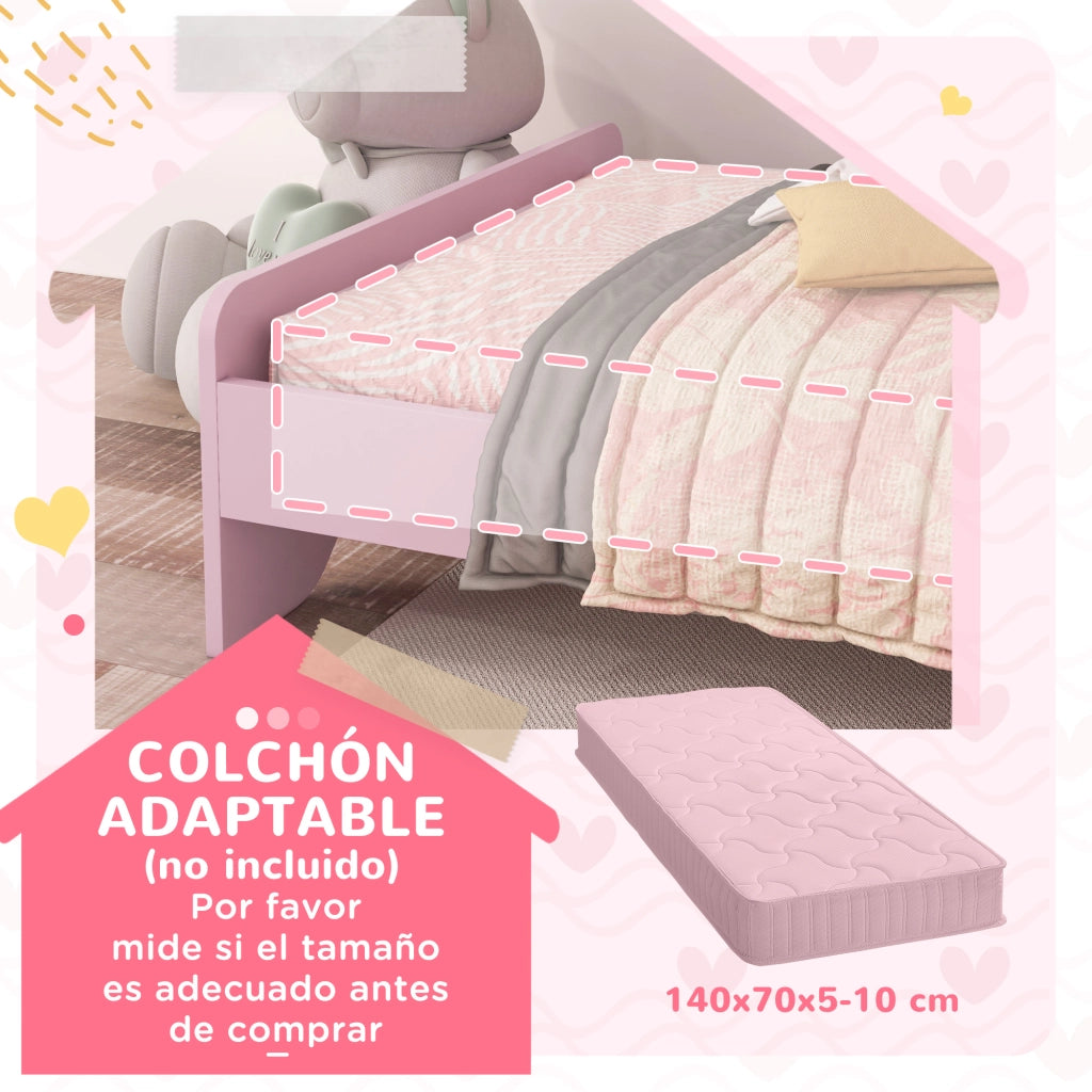 Letto a soppalco infantile con testiera a nuvola ¨C zephmum ¨C rosa 70x140 cm