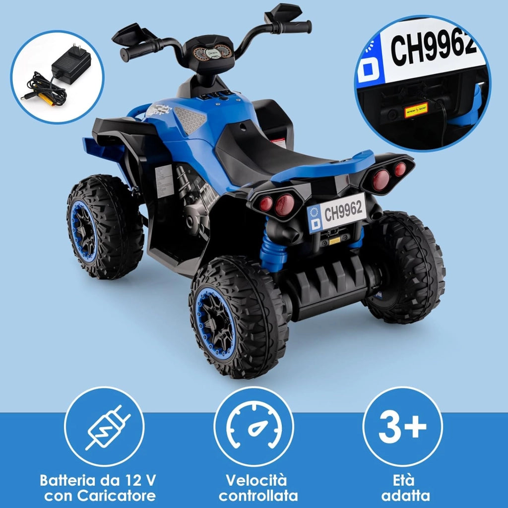 12V Quad Elettrico per Bambini, Auto Elettrica Cavalcabile con Luci LED Musica e Pedale, 2,2-4,3 km/h, Quad Regalo per Bambini 3-8 Anni (Blu)