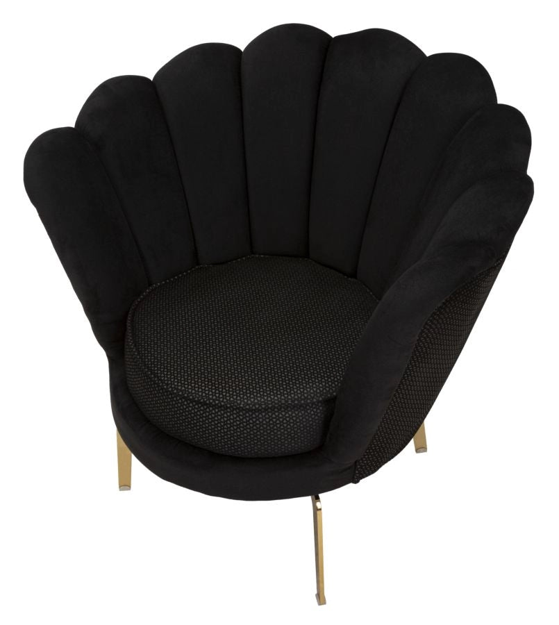 Poltrona elegante, tessuto imbottito nero, gambe metallo dorate 83x76x78cm Vienna Plus