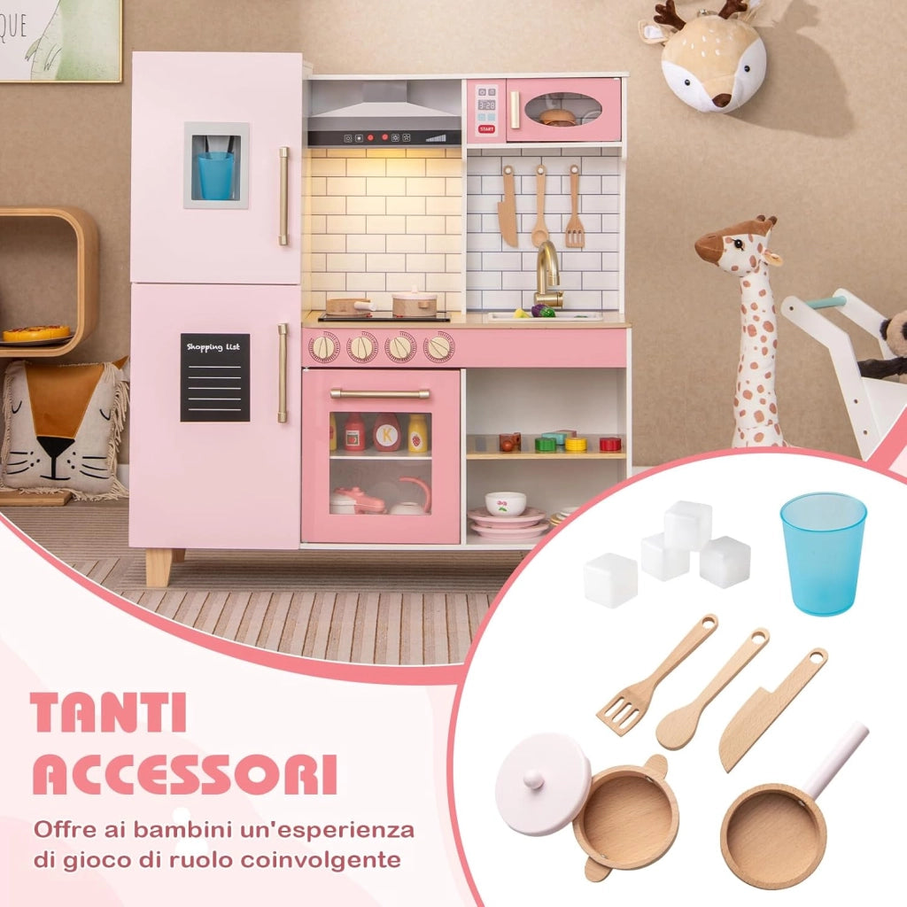 Cucina Giocattolo con Cappa e Fornelli a Suoni e Luci, Cucina per Bambini in Legno con Fabbricatore di Ghiaccio, Microonde, Griglia BBQ e Lavagna, Set Cucina con Accessori, per Bambini 3+ Anni