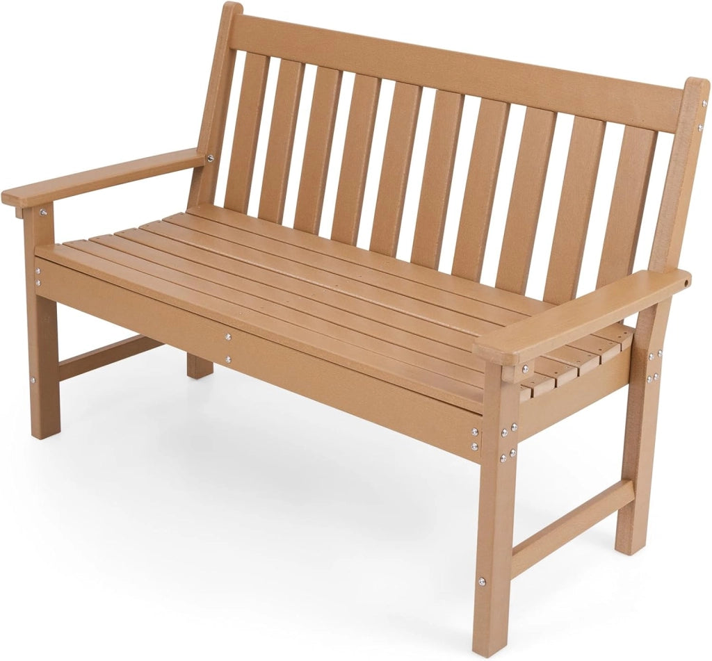 Panca da giardino per 2 persone, panca da parco in plastica con schienale alto, panca da esterno, resistente alle intemperie, per giardino, patio, terrazza, 132 x 65 x 91 cm