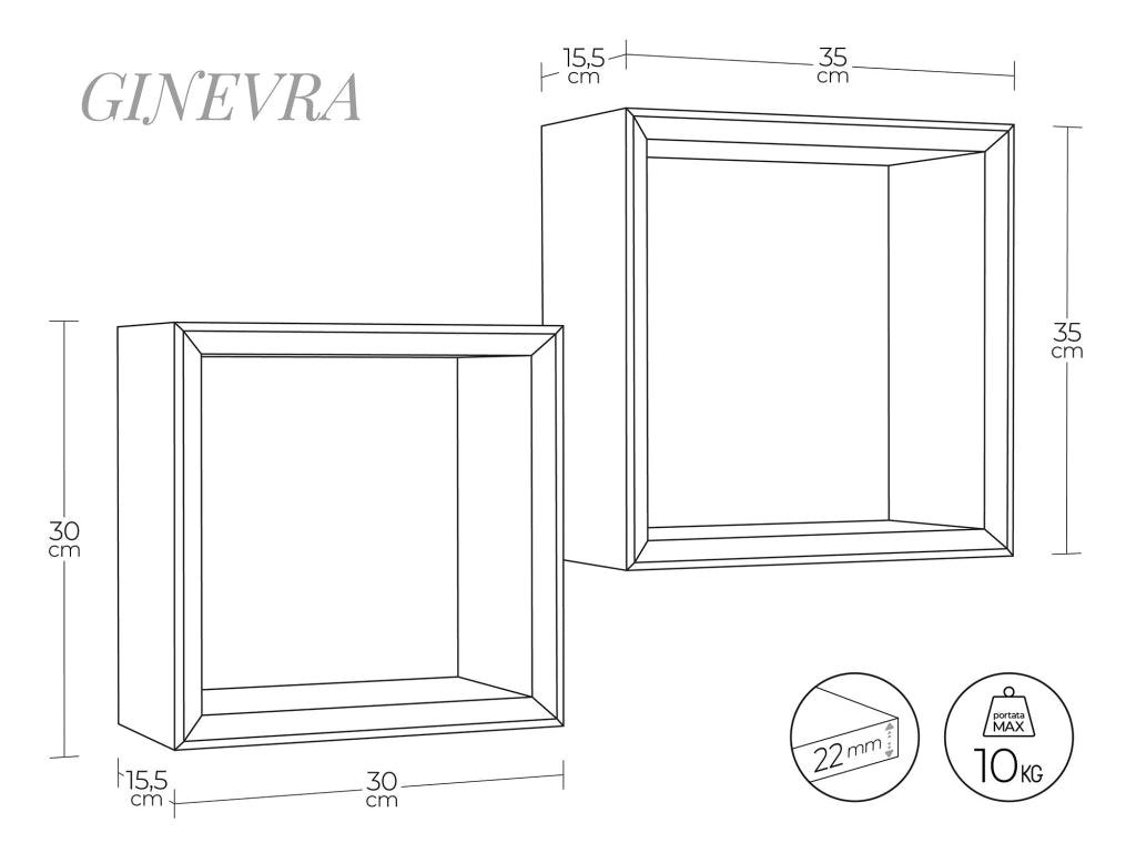 Set 2 Mensole Cubo da Parete Quadrato in Fibra di Legno Ginevra Bianco