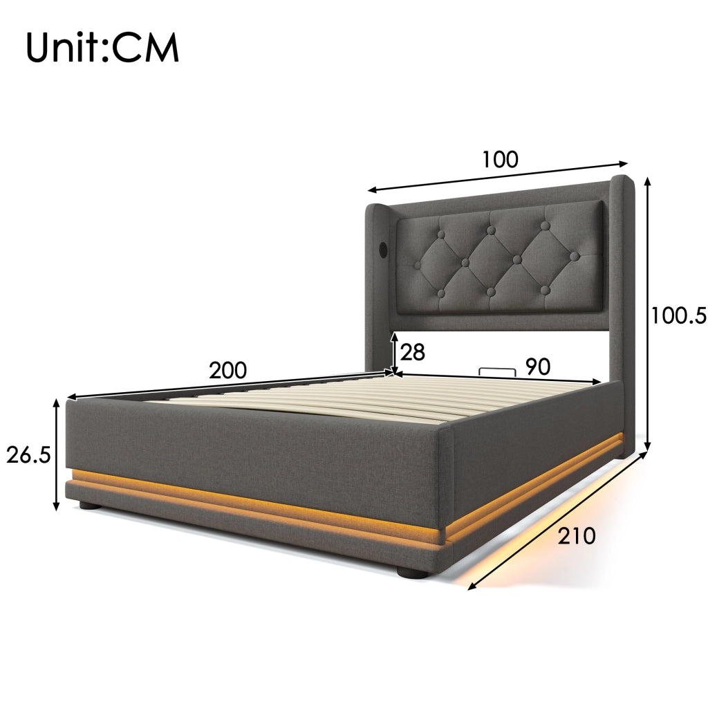 Letto 90x200 cm con contenitore idraulico, LED, USB e USB-C in cotone grigio