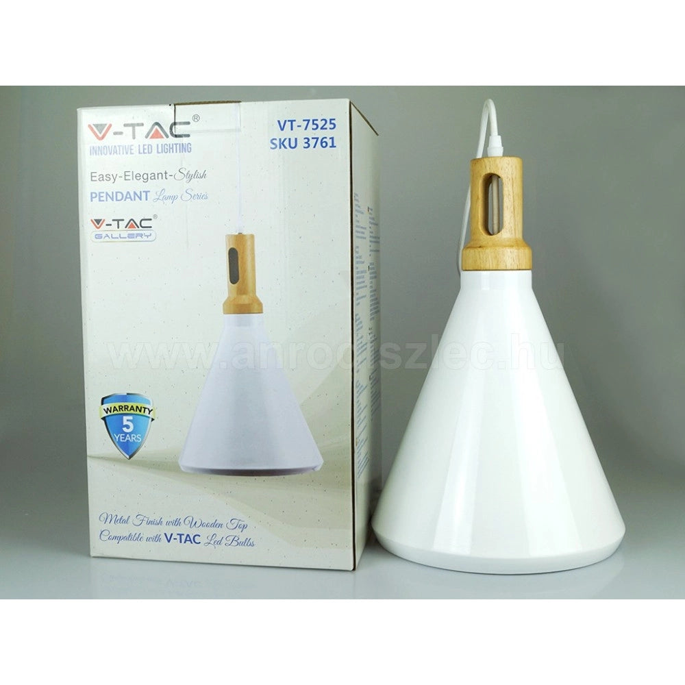 Trade Shop - Lampadario Pendente Lampada A Sospensione Parabola Bianca Base In Legno Vt-7525 -
