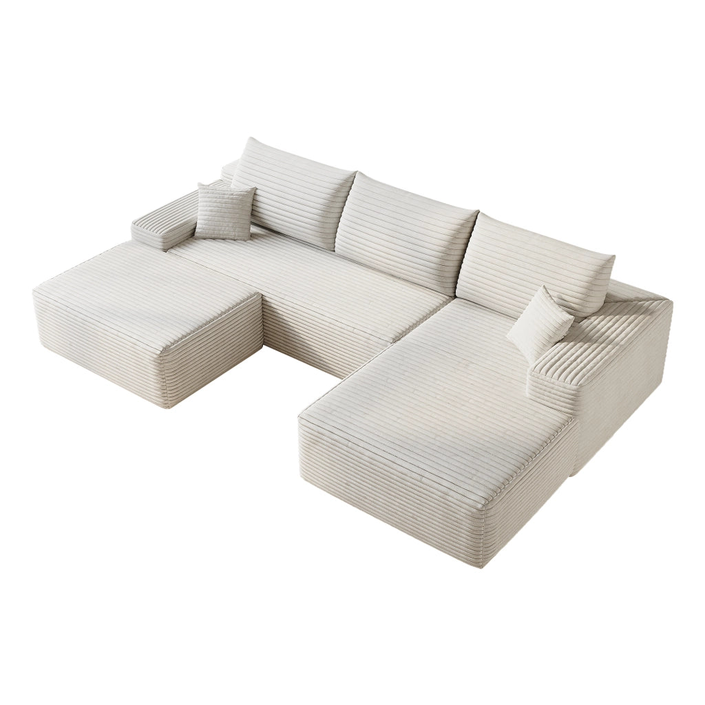 Divano angolare modulare con chaise longue e seduta profonda in tessuto beige