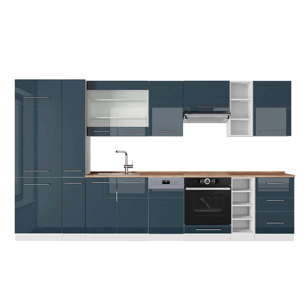 Cucina componibile Fame-Line Blu scuro lucido/Bianco 355 cm, PL Rovere Vicco