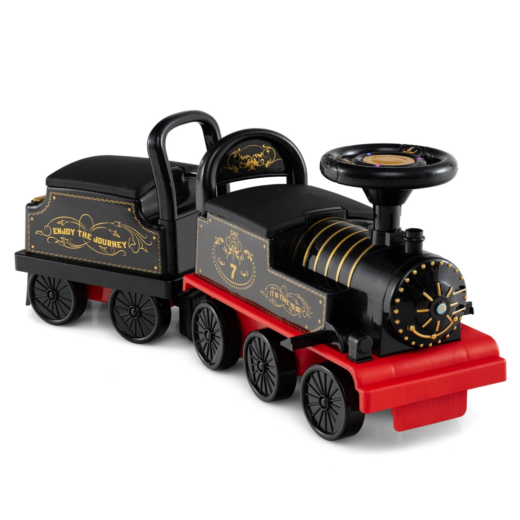 Trenino elettrico 6v vagone batteria contenitore sedile poggiapiedi estraibili-Trenino fischietto musica luci led bambini 18+ mesi