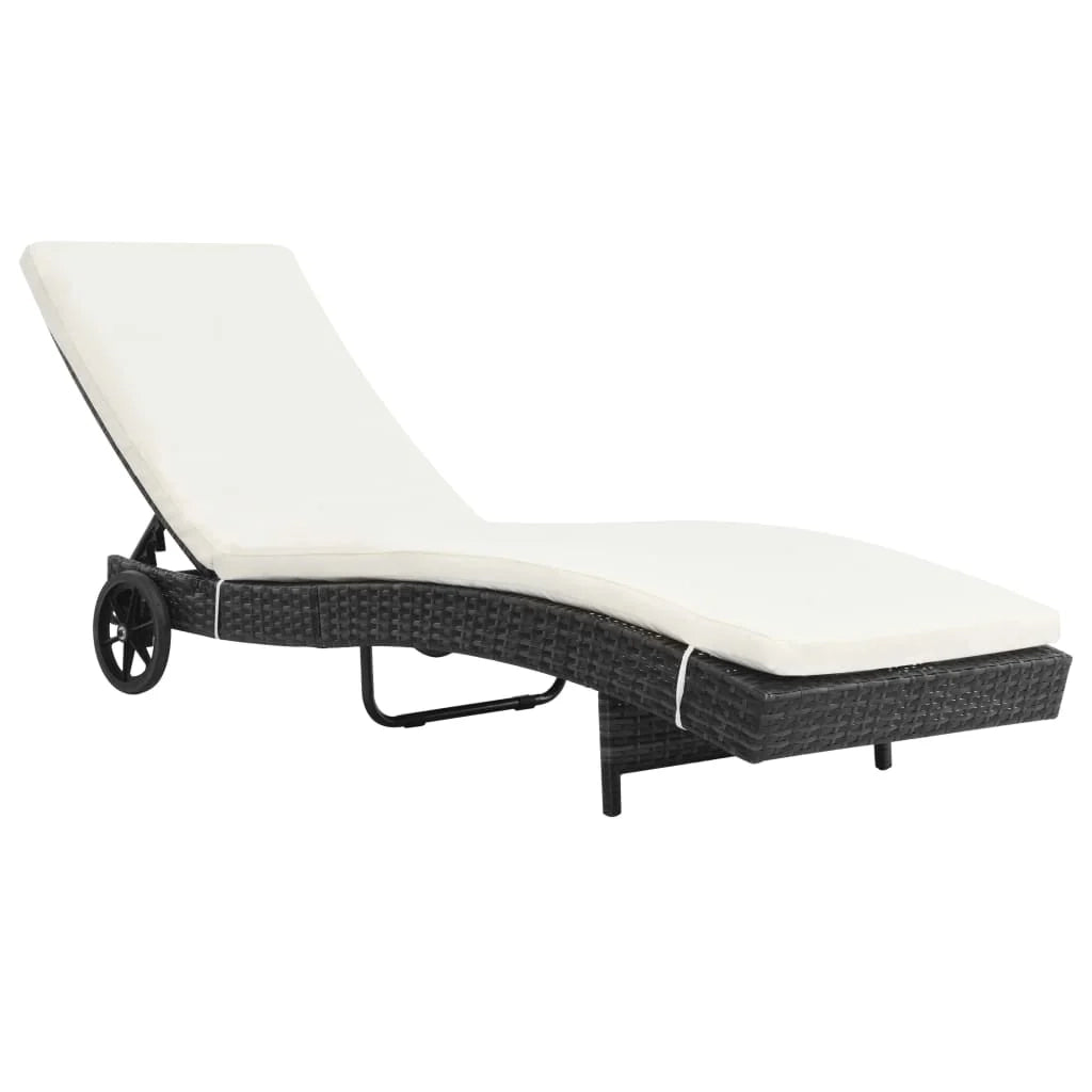 Lettino prendisole sedia a sdraio lettino prendisole letto da giardino mobili da esterno per patio con ruote e cuscino resina intrecciata nera 02_0012595