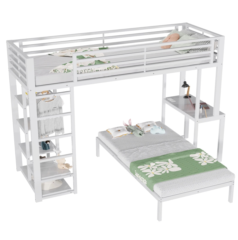 Letto a soppalco 90x200 cm con scrivania; 4 ripiani e vano abiti; MDF e metallo; bianco