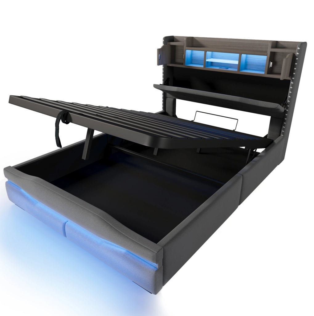 Letto imbottito 140x200 cm con contenitore idraulico, illuminazione LED e presa USB, grigio