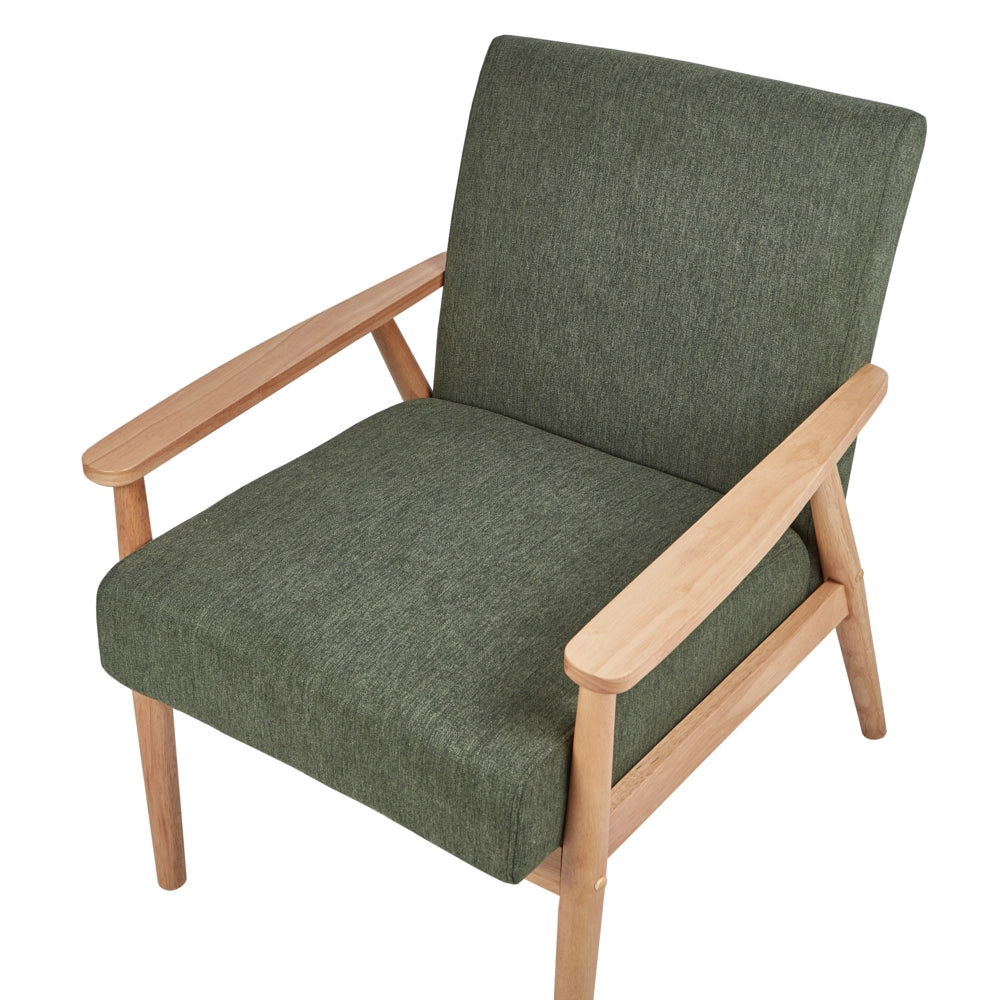Poltrona da salotto con rivestimento in tessuto verde con struttura in legno stile retrò