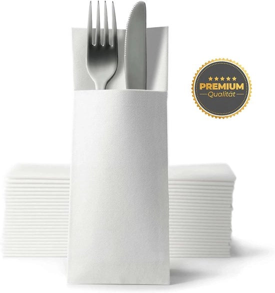 Serviette con Tasca per Cucchiaini 50 pezzi – 32 x 40 cm Bianco – Serviette di Lusso con Tasca per Cucchiaini – Tasche per Cucchiaini per Matrimoni, Ristoranti e Feste
