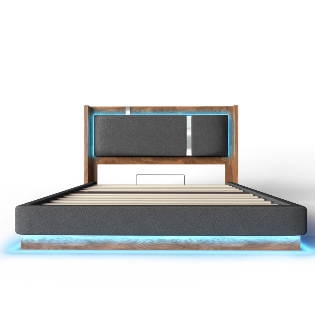 Letto matrimoniale 180x200 cm con contenitore; LED; lino e legno grigio