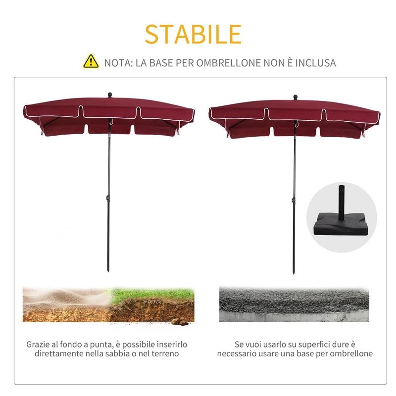 OMBRELLONE DA GIARDINO RETTANGOLARE E REGOLABILE CON PALO IN ALLUMINIO 2X1.3X2.5 M ROSSO VINO