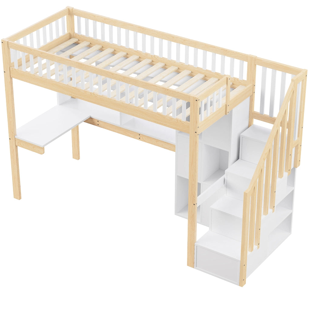 Letto a castello bianco e naturale con luci LED scaffali e scrivania in pino 90x200 cm