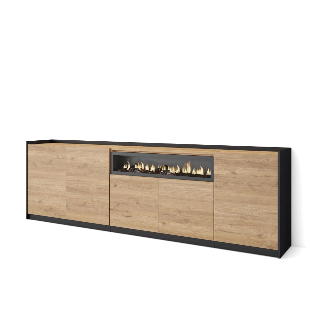 Credenza, Mobile, Cucina, 260x80x37 cm, 5 Porte, Camino elettrico, Rovere e nero