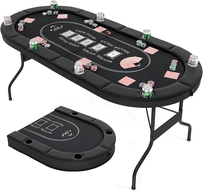 Tavolo da Poker Pieghevole 182 cm per 8 Giocatori, Tavolo da Gioco Ovalo con Supporti per Bicchieri, Rivestimenti Imbottiti, per Blackjack, Texas Hold’em, Giochi da Casinò (Nero)