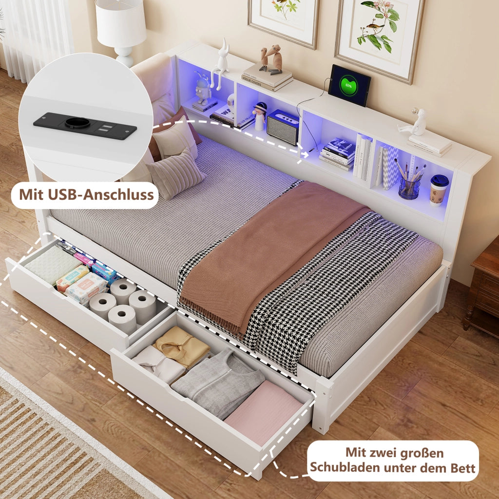 Letto singolo 90 × 200 cm con 2 cassetti, ripiani laterali, LED dimmerabile e USB, senza materasso, bianco