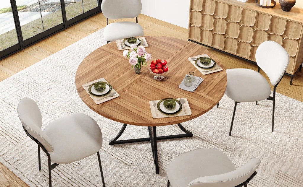 Tavolo da pranzo rotondo per 4-6 persone con ripiano aperto, in MDF effetto noce e metallo nero, 100 × 100 × 75 cm