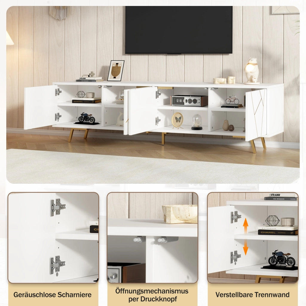 Mobile TV 190x40x51;5 cm con 4 ante e 5 gambe in metallo; bianco e oro