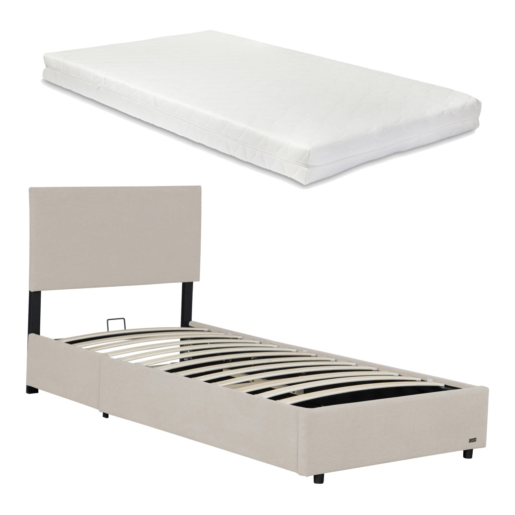 Letto Contenitore Juva Apertura a Ribalta Letto Singolo con Materasso 90x200 cm Velluto a Coste Beige Corium