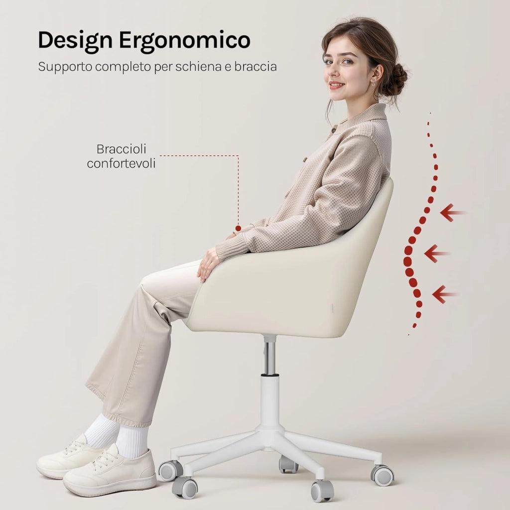 Sedia Ufficio con Braccioli e Rotelle, Poltroncina Regolabile in Altezza Girevole, Sedia da Trucco, Bouclé + PU, Crema+Grigio BS175grcm