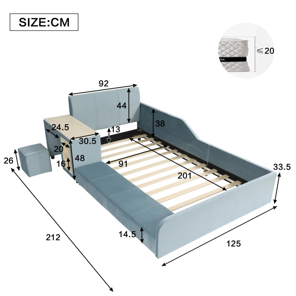 Letto imbottito blu 90x200 cm con scrivania laterale, sgabello e ripiani