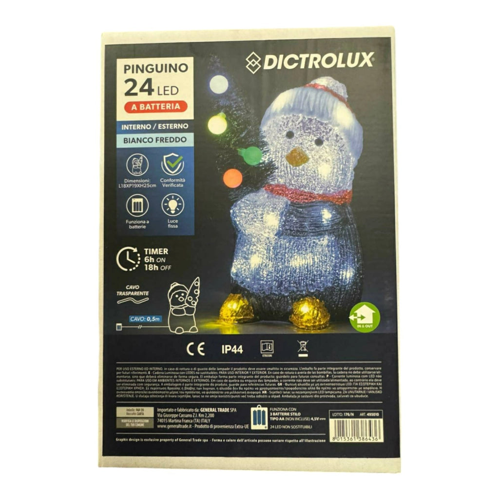 PINGUINO CON ALBERO DI NATALE 24 LED BIANCO FREDDO