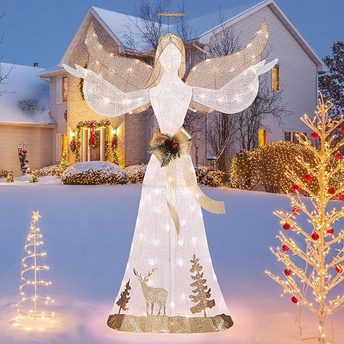 Angelo Natalizio Illuminato da Esterno 150 cm, Angelo 3D con 100 Luci Bianche Calde Pre-Illuminate, Decorazione Natalizia per Giardino, Cortile e Prato