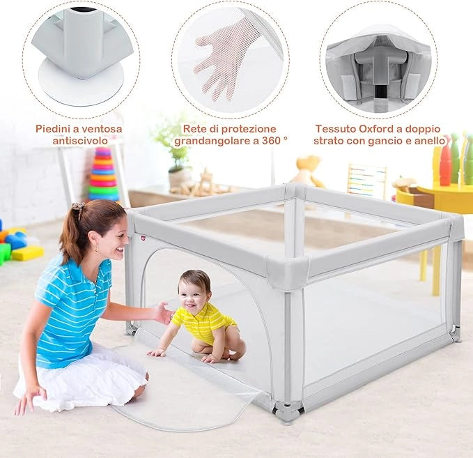 Box per Bambini, Centro Attività Portatile con Cancelli di Sicurezza, con Ventose Antiscivolo, Pareti a Rete Traspirante e 2 Anelli per Bambini, Cancello per Giocare con Palline (Grigio)