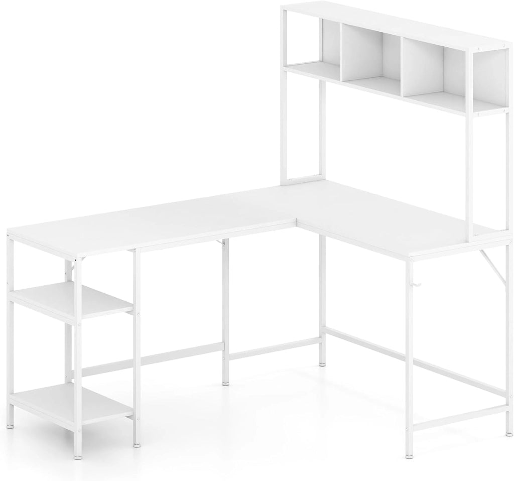 Scrivania a Forma di L in Legno con Libreria, Mensole Laterali e Gancio, Telaio Metallico, Scrivania per Computer Angolare con Piedini Antiscivolo Regolabili per Studio e Ufficio (Marrone)