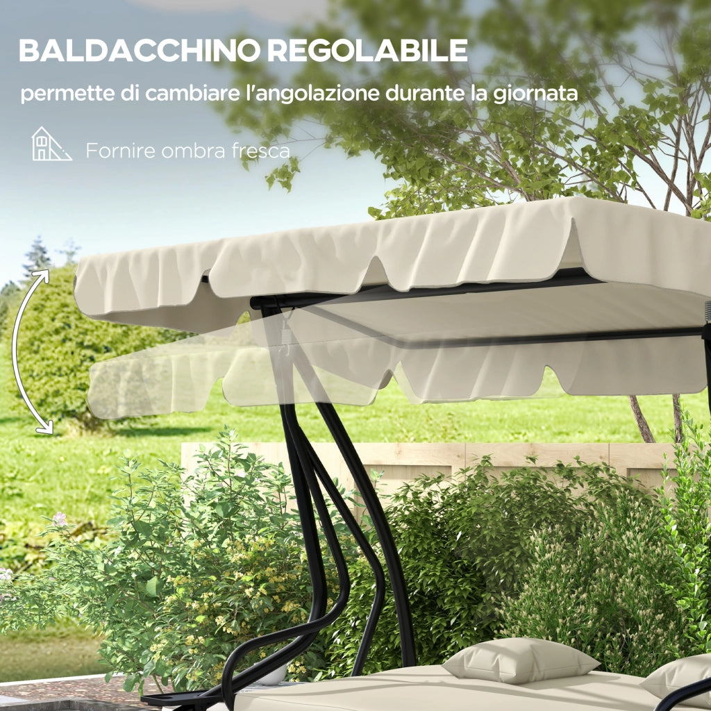 Dondolo Letto da Giardino con Tettuccio Regolabile e Vassoi, in Acciaio e Teslin, 200x120x164 cm, Crema