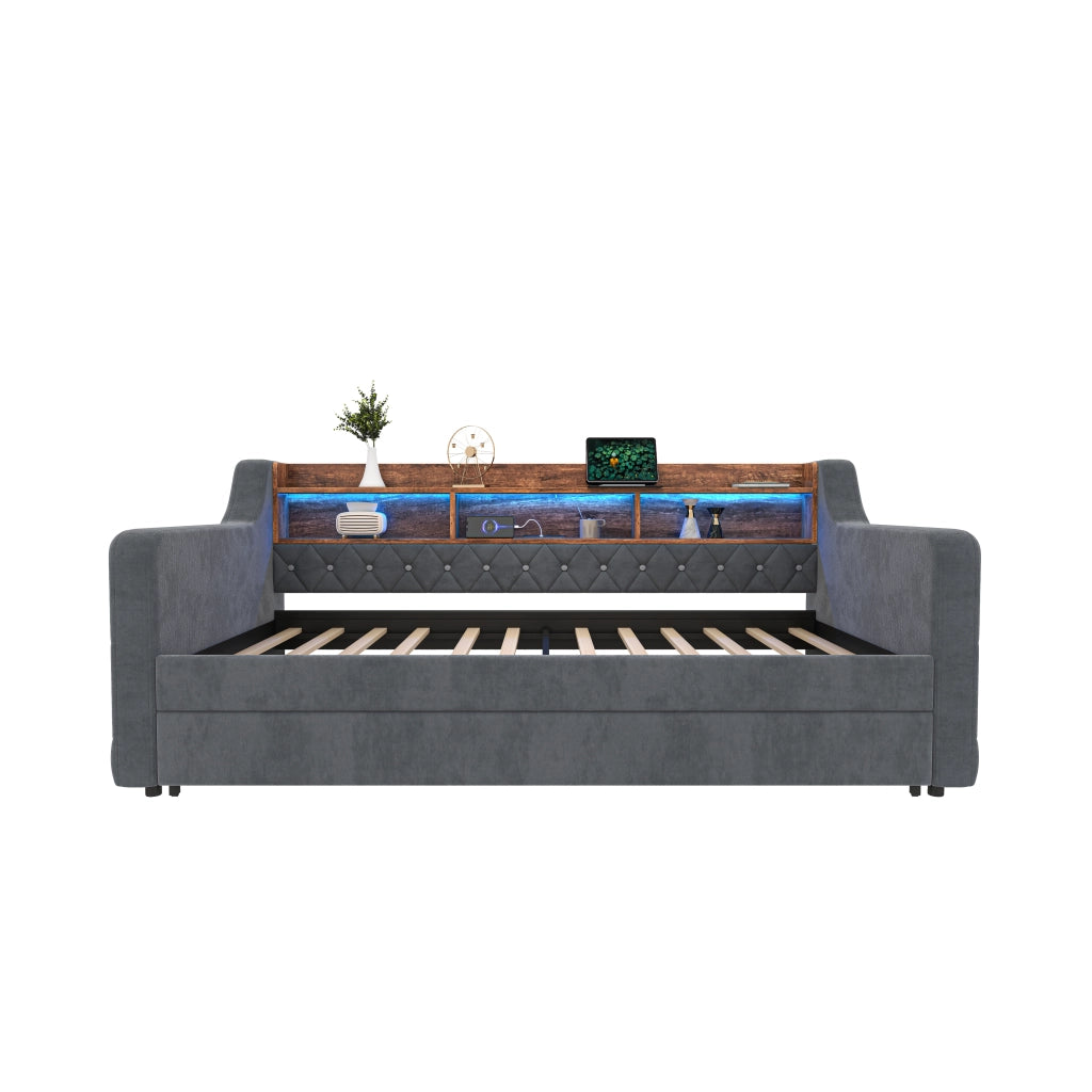 Divano letto estraibile 90x190 cm in velluto grigio scuro con LED; USB-C e contenitore