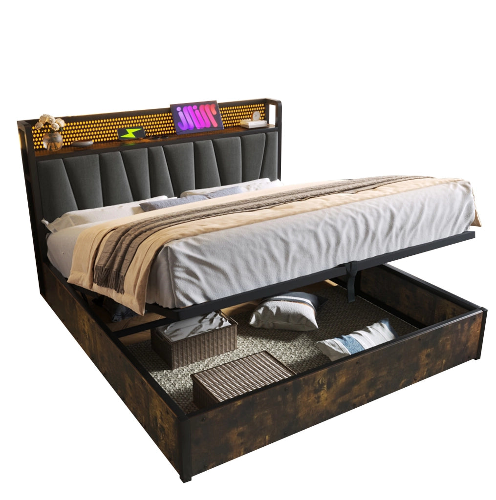 Letto matrimoniale 180x200 cm con LED; USB e contenitore; grigio