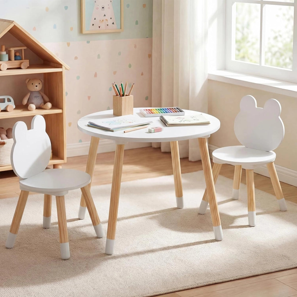 Set Tavolo e Sedie per Bambini, Tavolino e 2 Sedie a Forma di Rana con Gambe in Legno e Angoli Arrotondati, Set Mobili Salvaspazio per Bambini 3+ Anni per Cameretta Ragazzi (Bianco)