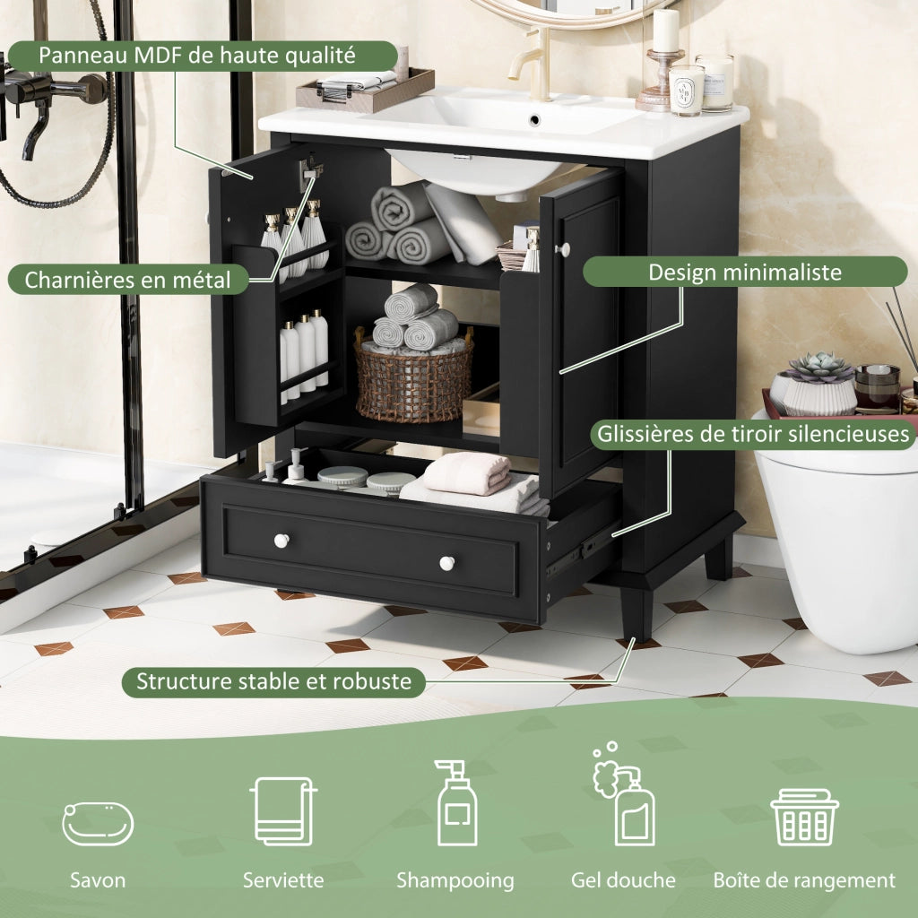Mobile sottolavabo con lavabo in ceramica e 2 ante 1 cassetto ripiano regolabile per bagno in MDF laccato moderno