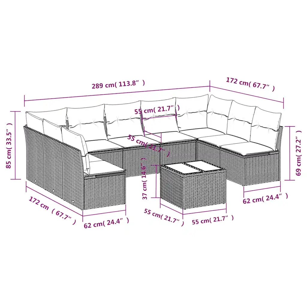 Set Divani da Giardino 10 pz con Cuscini Nero in Polyrattan 3218077
