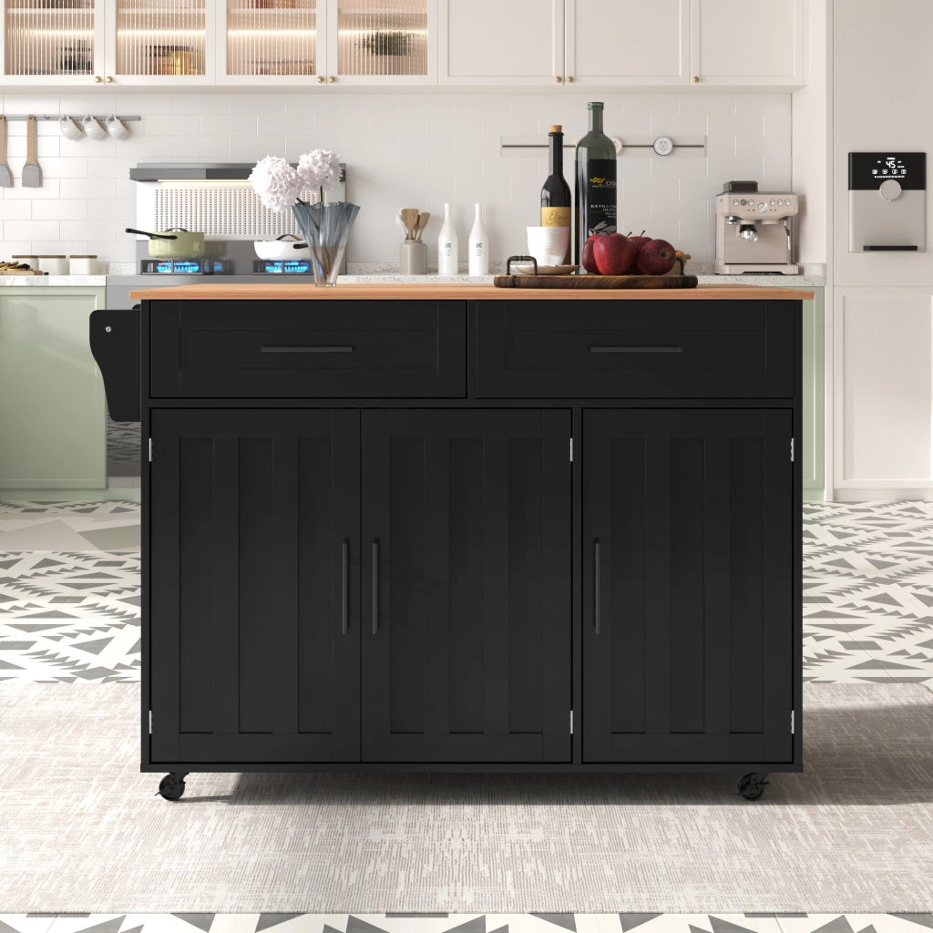 Carrello cucina con piano apribile 129x71x91,5 cm, isola con 2 cassetti, ante con ripiani interni, ruote e piedini