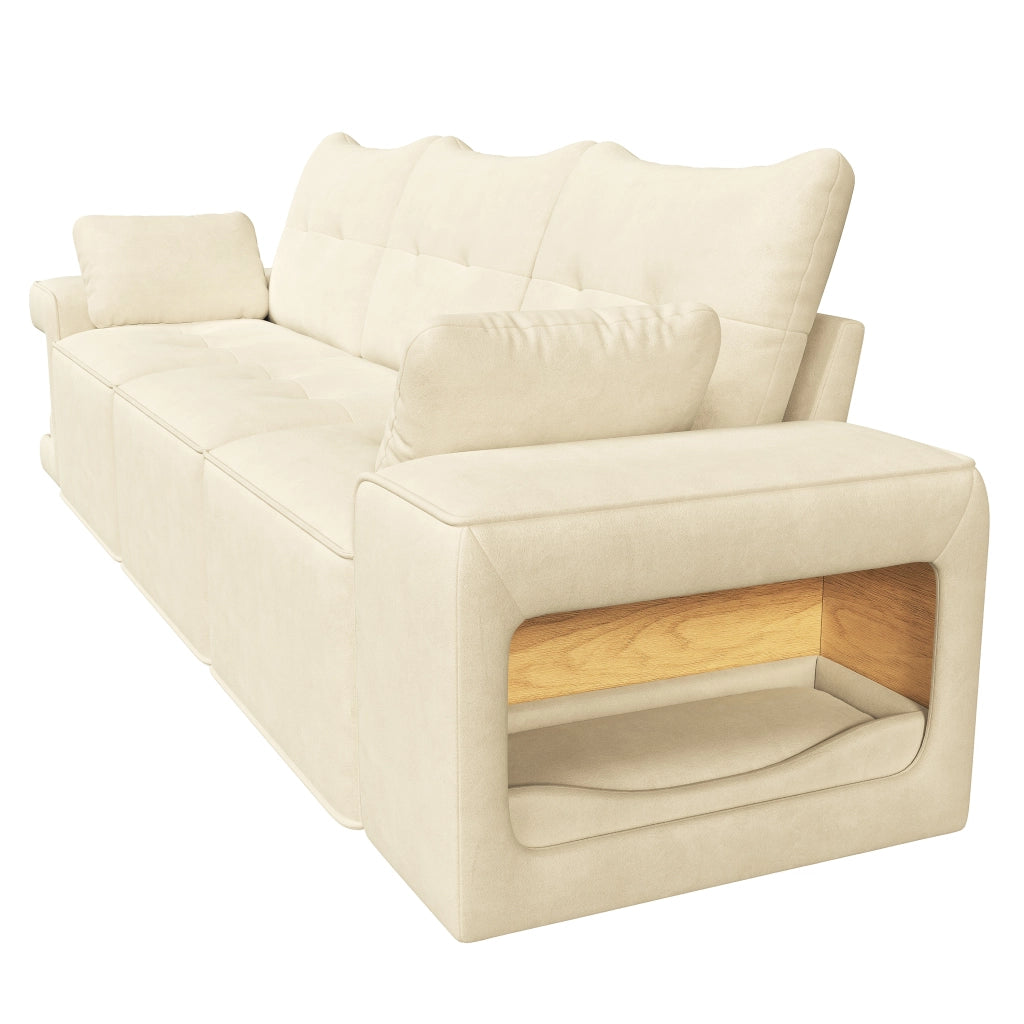 Divano 3 posti con nicchie laterali per animali e contenitori sotto seduta in velluto beige 229,5 × 78 × 84 cm