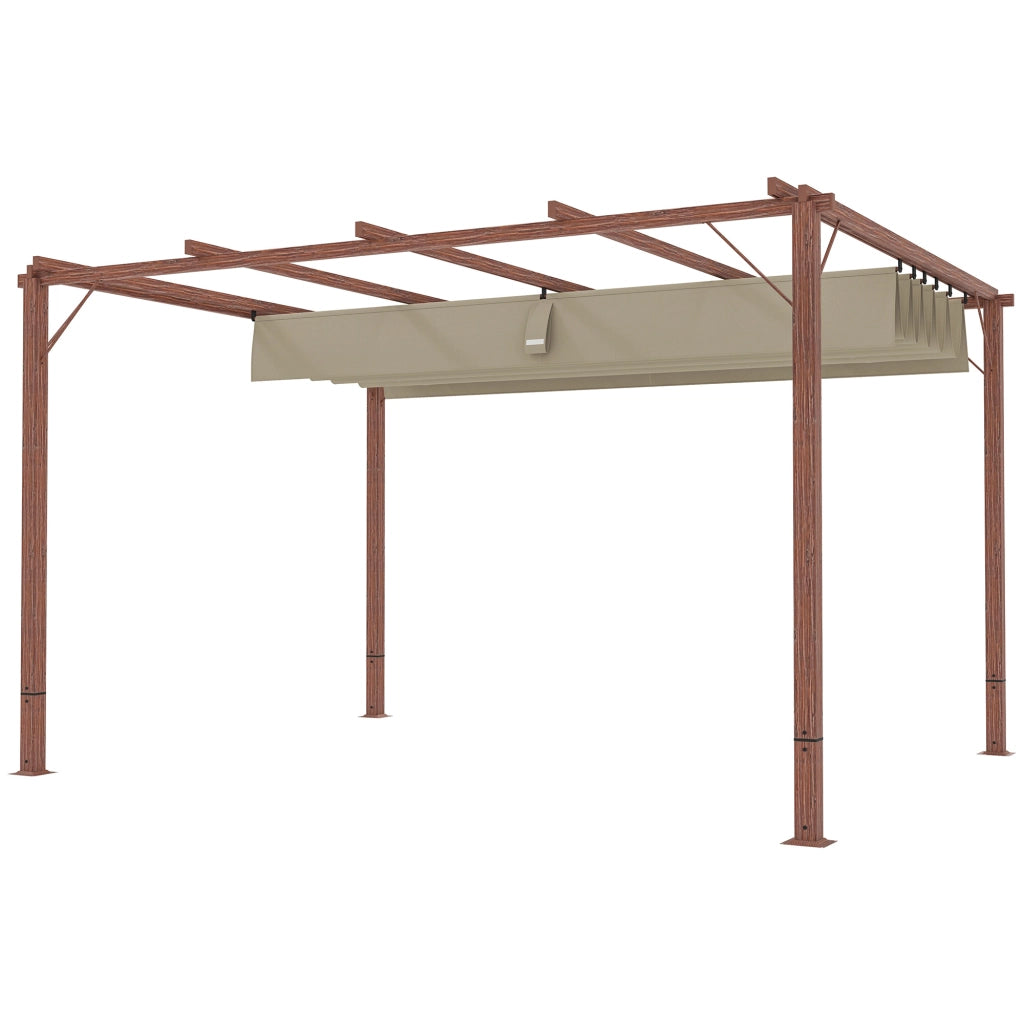 Gazebo Pergola con Tetto Retrattile. Picchetti e Viti. in Poliestere e Alluminio. 382x300x232 cm. color Legno
