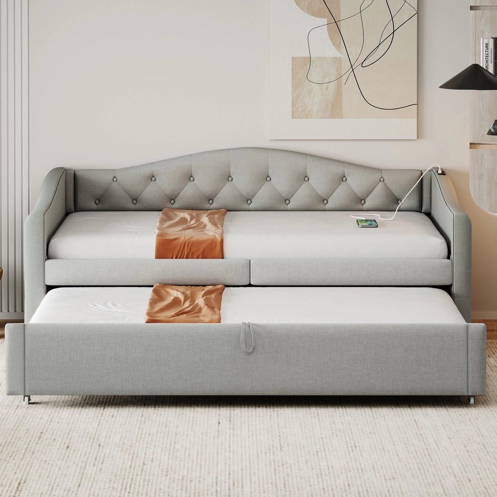 Letto Imbottito Singolo Estraibile con Rete a Doghe ¨C MINIMAL ¨C Tessuto Lino Grigio 90x200